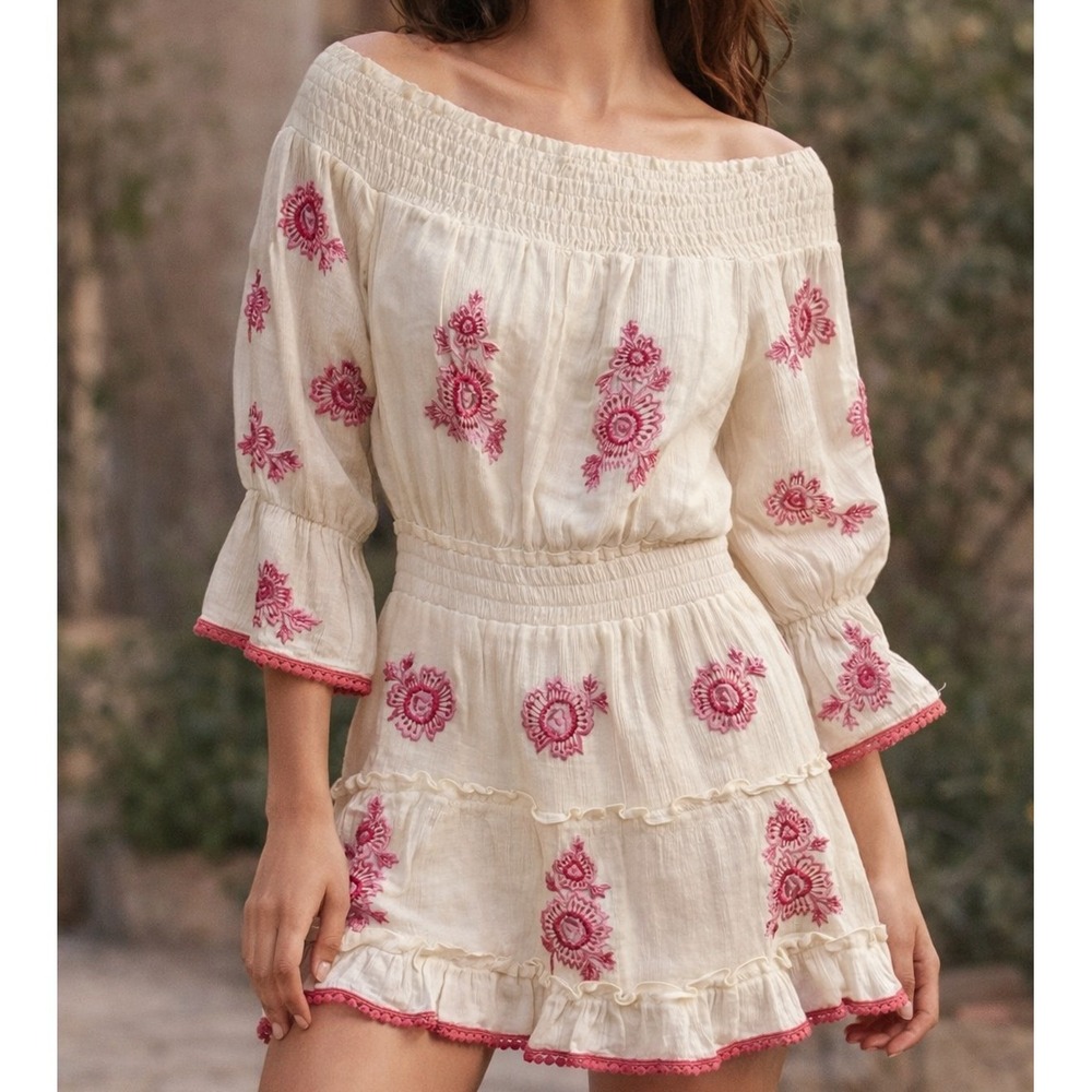 MISA Los Angeles Off-The-Shoulder Embroidered Sylvia Dress Women's Size XS Ivory
